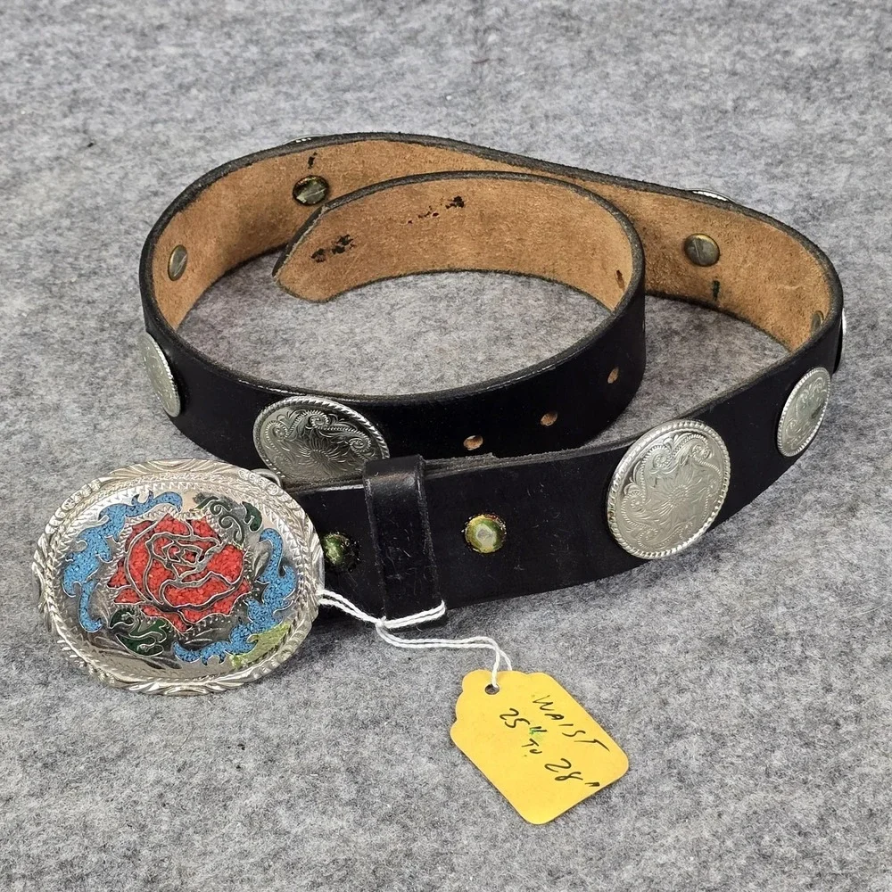 VTG Jacobs Leather Western Belt Teens Small Black Concho Rose Buckle USA